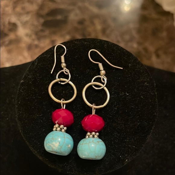 Turquoise and Red Beaded Earrings - Picture 1 of 1
